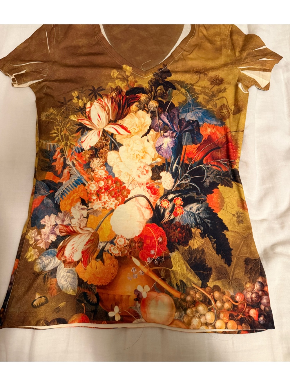Patterned graphic tee bought in Europe warm toned